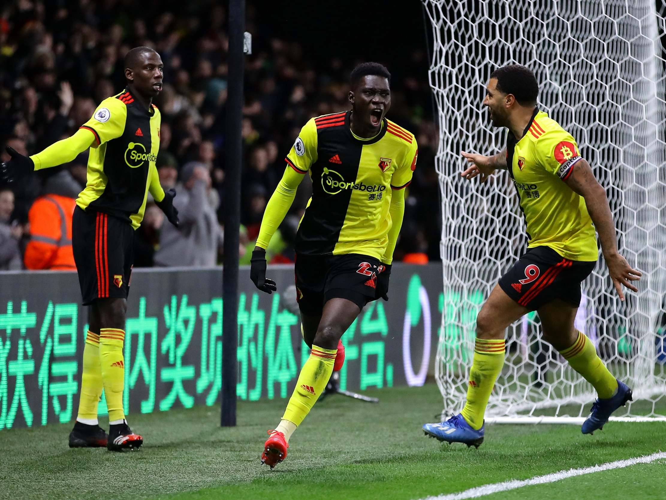 Ismaila Sarr celebrates scoring Watford’s first goal