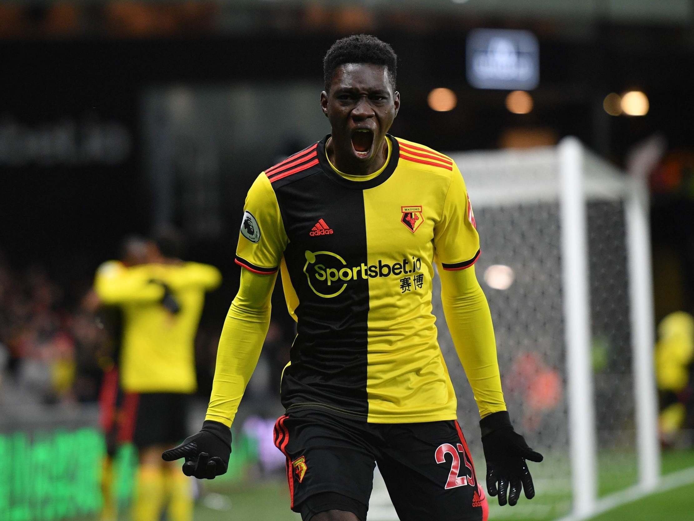 Ismaila Sarr celebrates after scoring Watford's opener