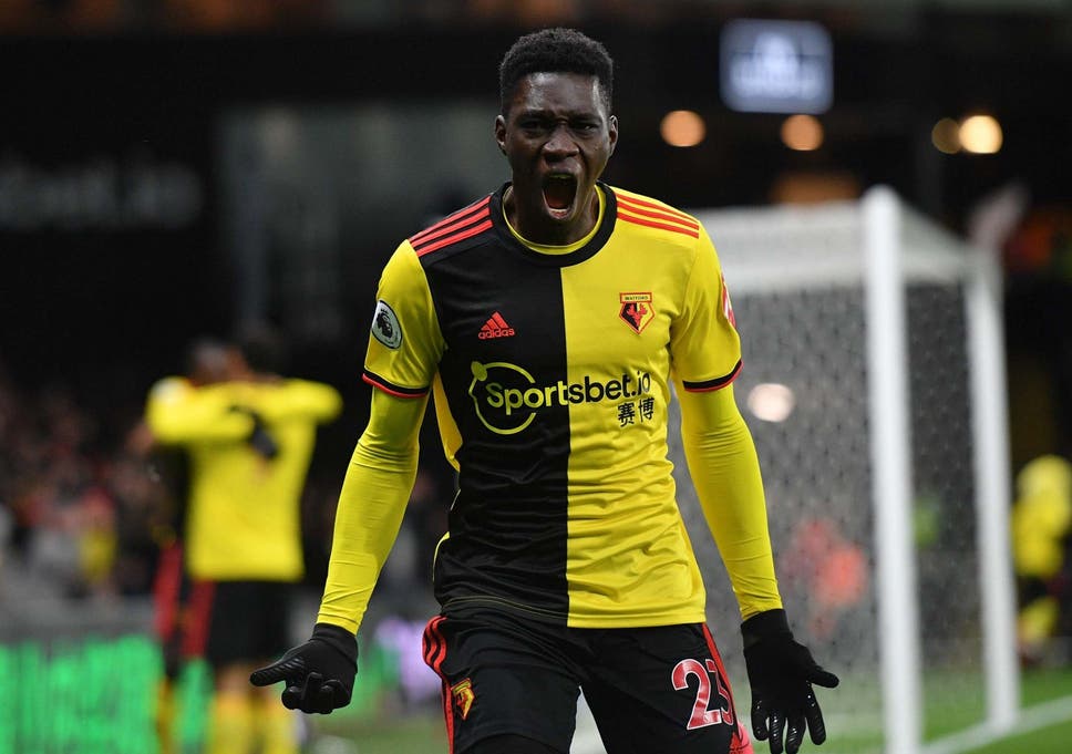 Ismaila Sarr celebrates after scoring Watford's opener