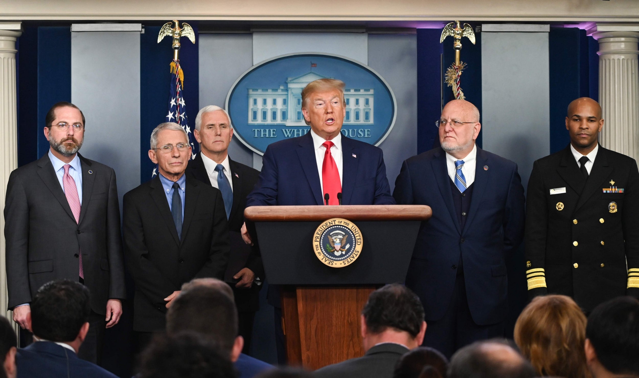 Donald Trump speaks at a news conference on coronavirus following the first death from the virus in the United States