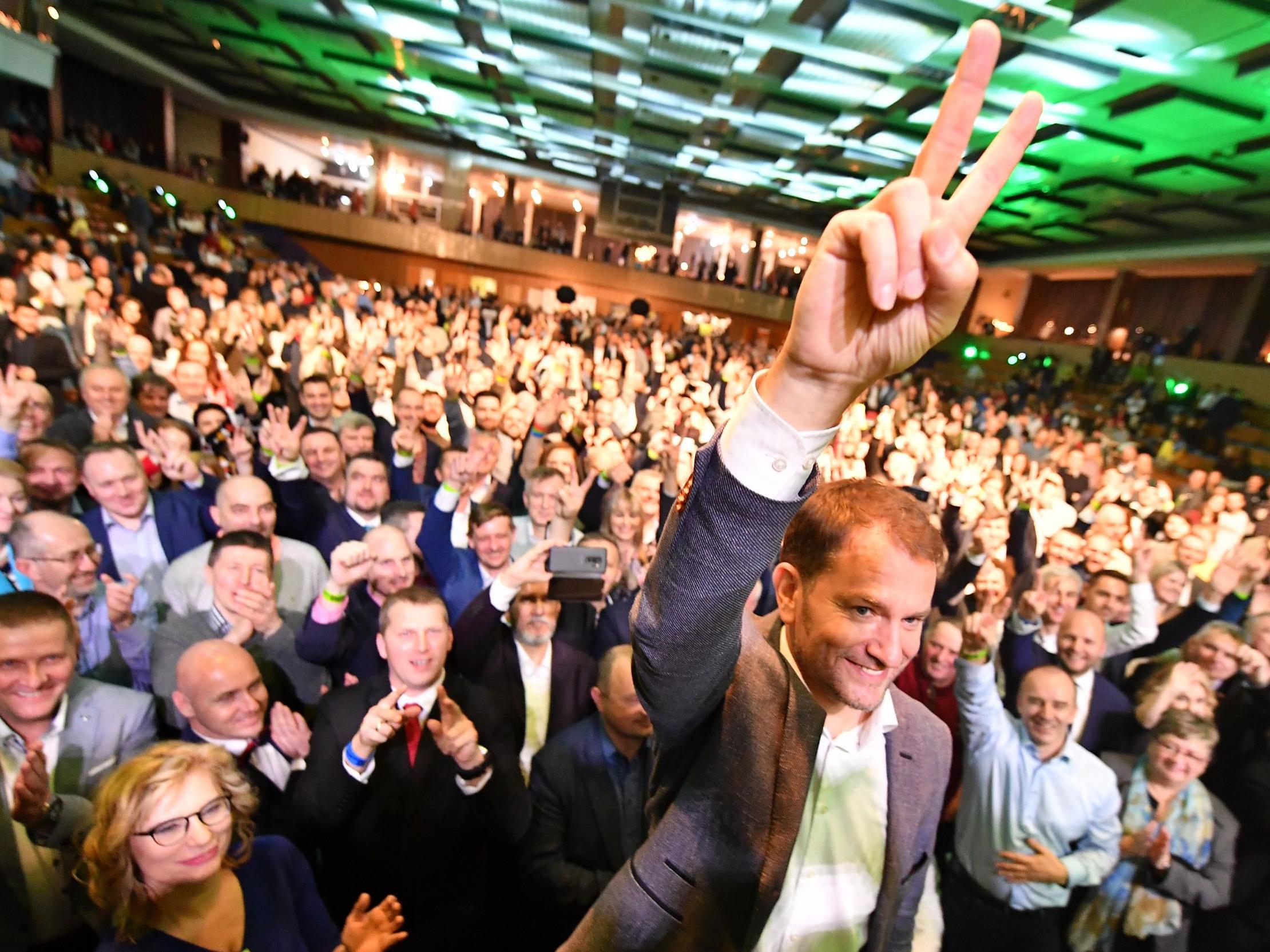 Igor Matovic, leader of the OLaNO, acknowledges victory on Saturday night during the party's election evening in Trnava