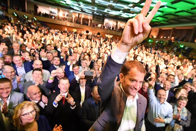 Igor Matovic, leader of the OLaNO, acknowledges victory on Saturday night during the party's election evening in Trnava