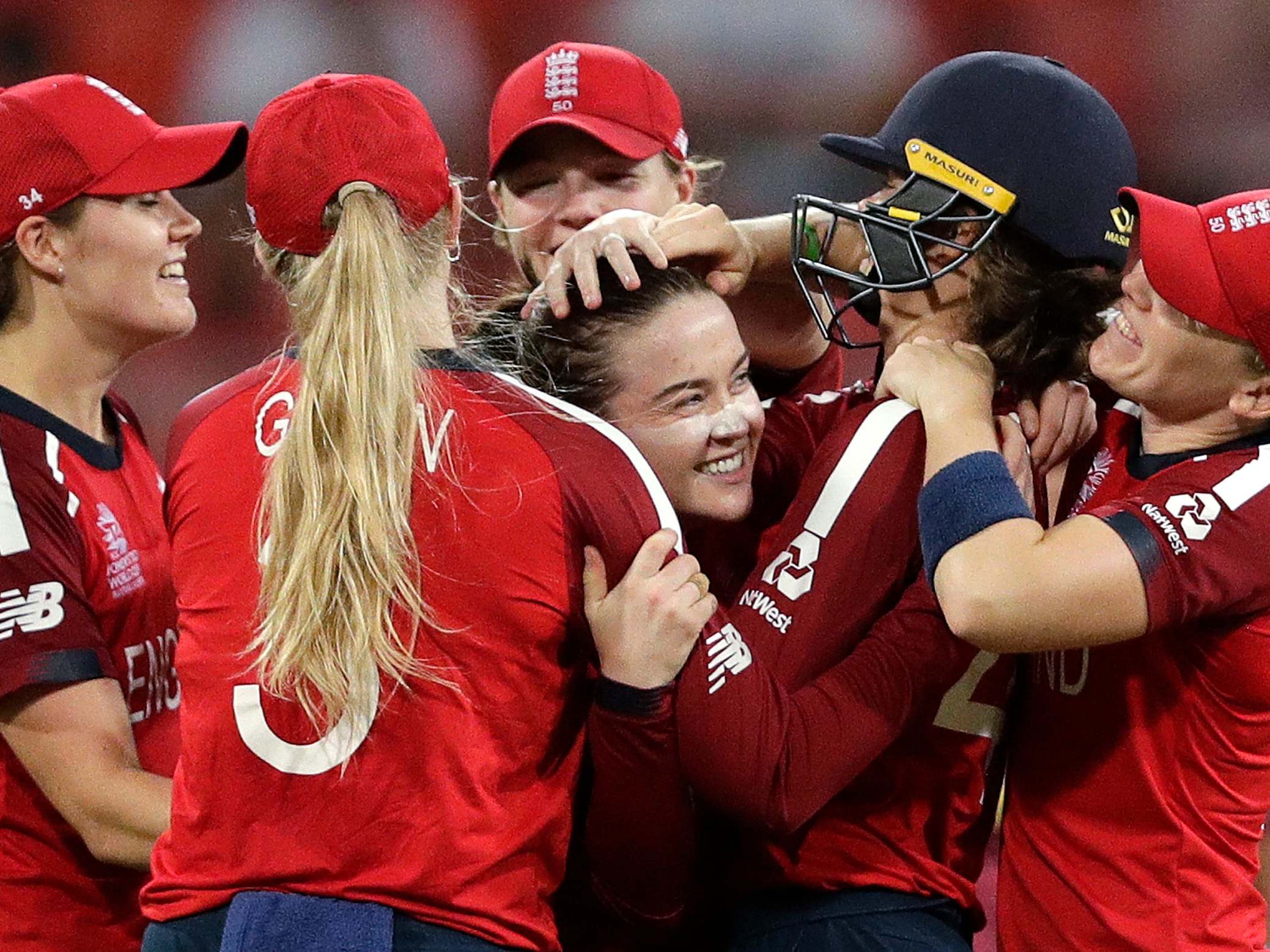 England's Mady Villiers is congratulated after taking the wicket of Shemaine Campbelle