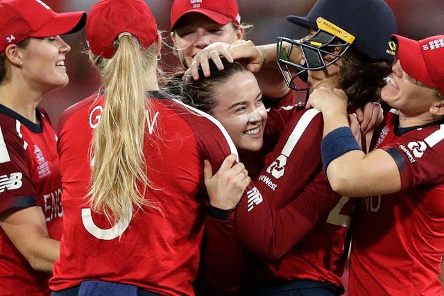 England's Mady Villiers is congratulated after taking the wicket of Shemaine Campbelle