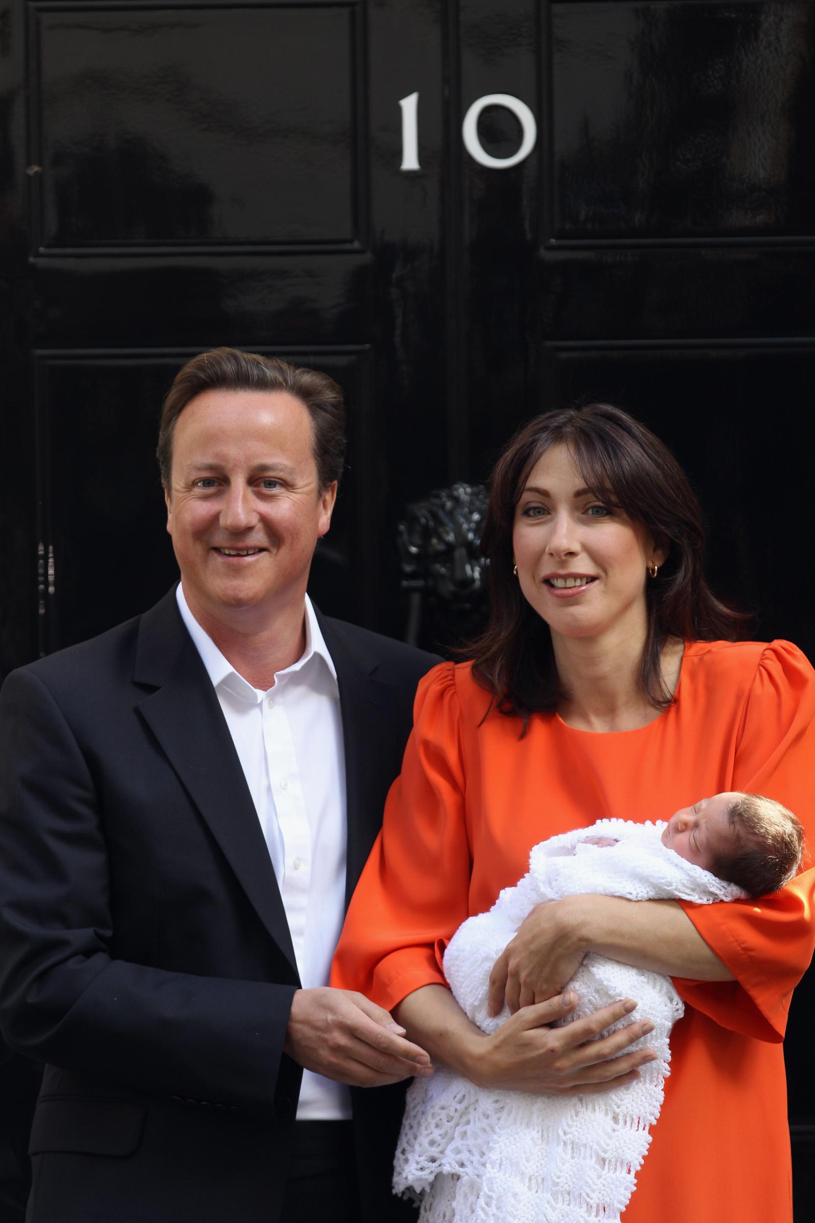 David and Samantha Cameron with baby daughter Florence Rose Endellion outside 10 Downing Street on 3 September 2010