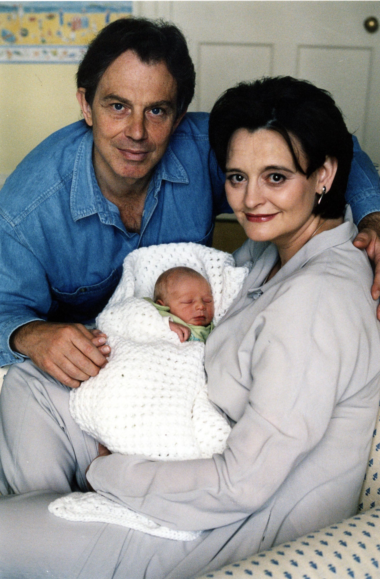 Tony and Cherie Blair with son Leo at 10 Downing Street on 21 May 2000