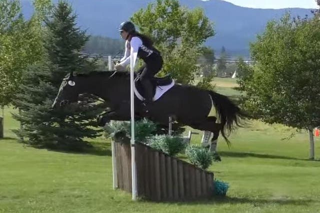 Katharine Morel and her horse Kerry On from a YouTube video from a long cross country event in July 2019