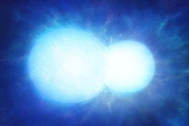 Artist's impression of two white dwarfs in the process of merging. Depending on the combined mass, the system may explode in a thermonuclear supernova, or coalesce into a single heavy white dwarf, as with WDJ0551+4135