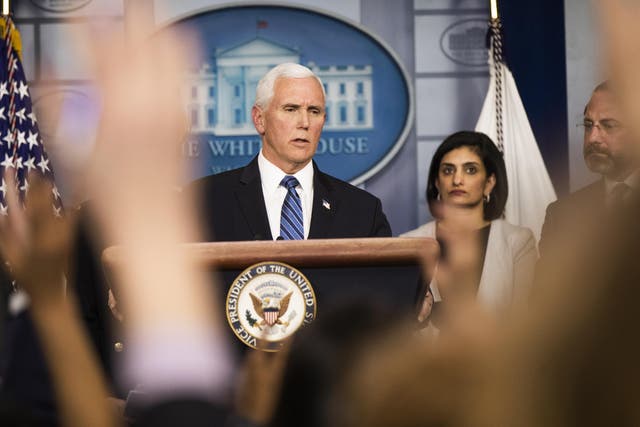 Vice President Mike Pence speaks to reporters in the Brady press briefing room of the White House about the coronavirus Monday, 2 March, 2020.