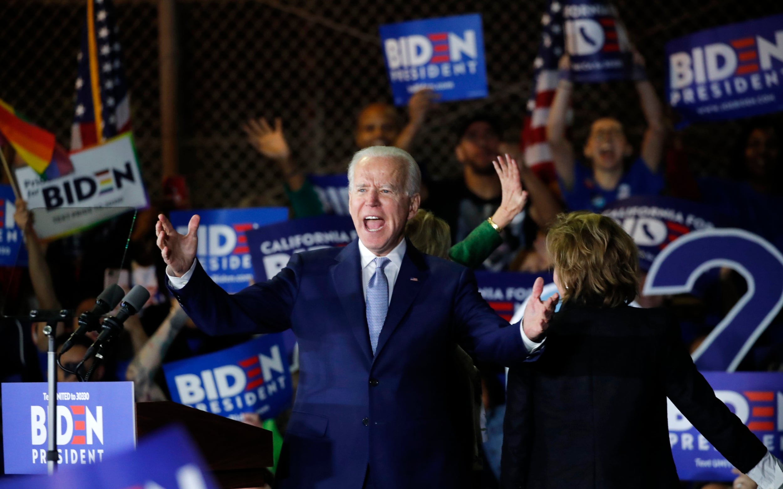 Comeback trail: Biden addresses supporters at a rally in Los Angeles on Tuesday
