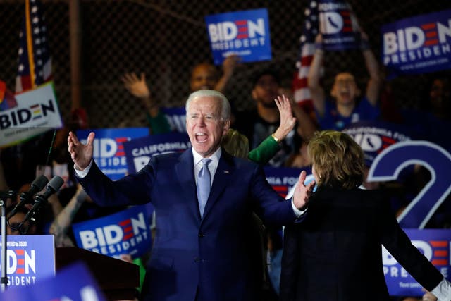 Comeback trail: Biden addresses supporters at a rally in Los Angeles on Tuesday