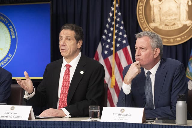 New York Governor Andrew Cuomo, left, and Mayor Bill de Blasio discuss the state and city's preparedness for the spread of the coronavirus on Monday, 2 March, 2020.