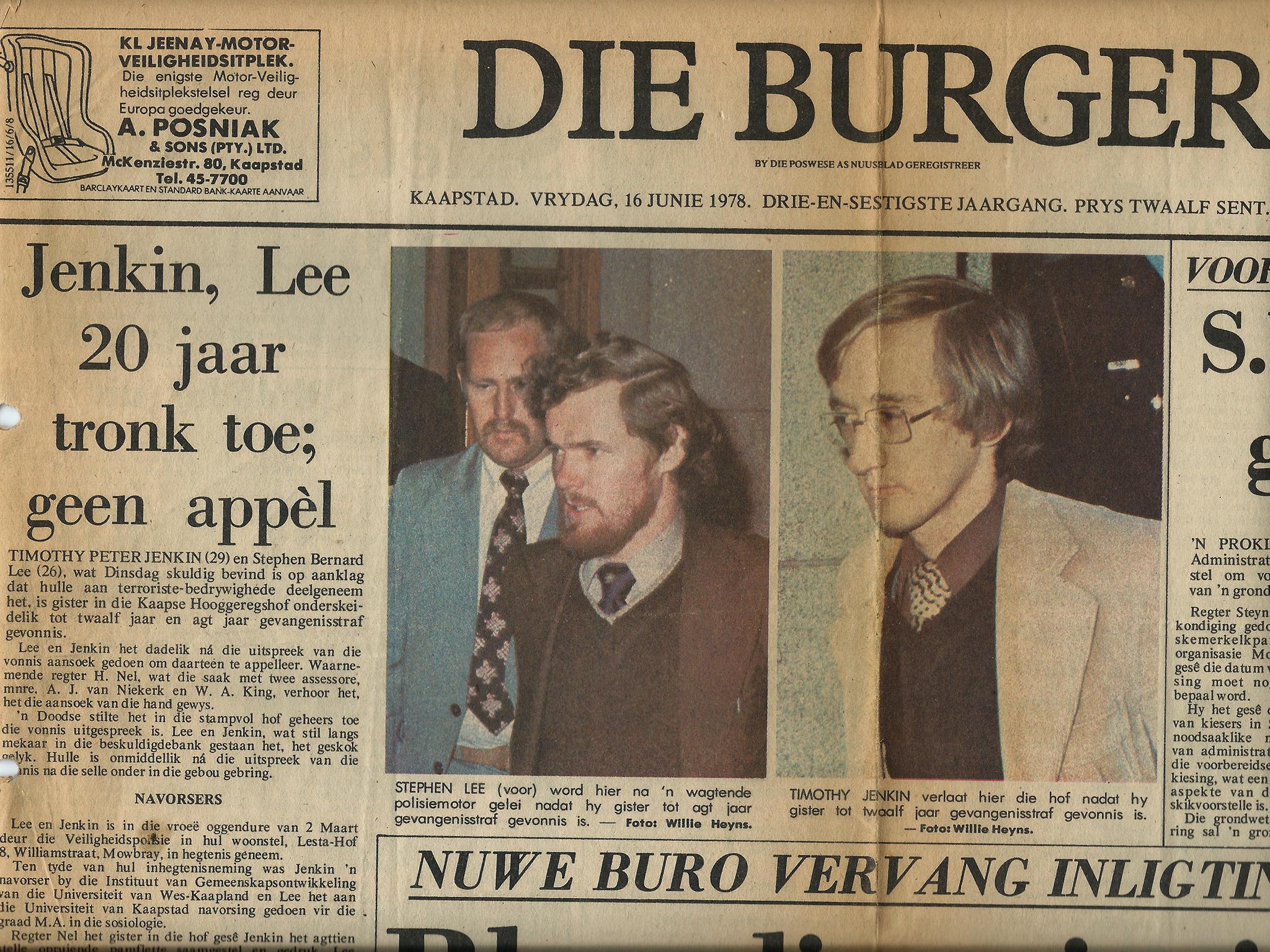 Jenkin and Lee make the front page of Die Burger, the Afrikaans daily in Cape Town