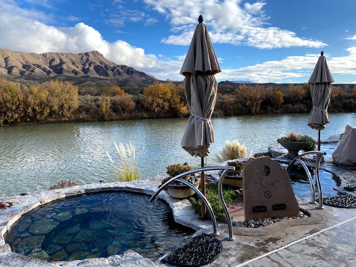 The soaking pools at Riverbend Hot Springs, overlooking the Rio Grande and Caballo Cone