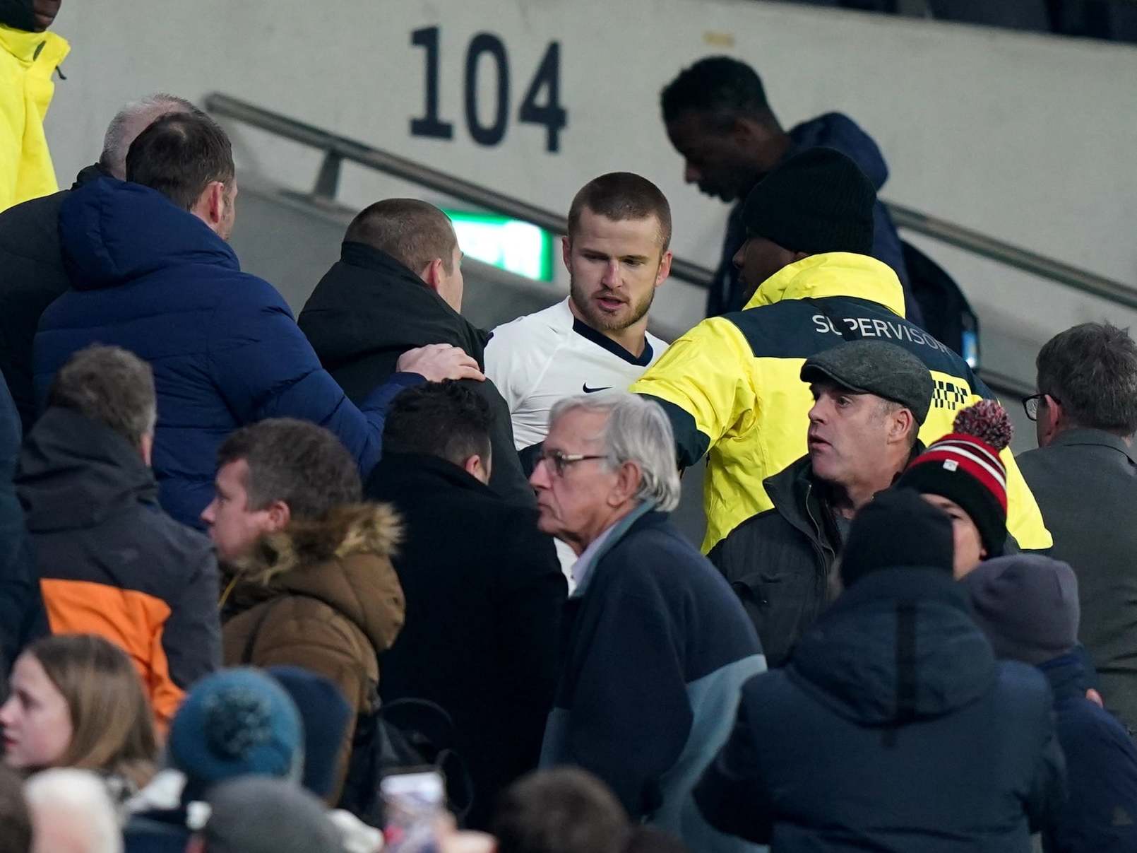 Eric Dier is pictured confronting a Tottenham supporter in the stand