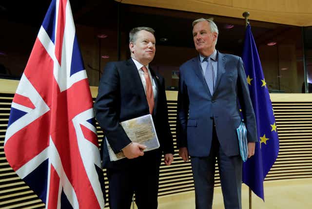 Chief Brexit negotiators Michel Barnier (right) and David Frost at the start of the first round of post-Brexit trade deal talks between the EU and the United Kingdom, in Brussels on 2 March 2020