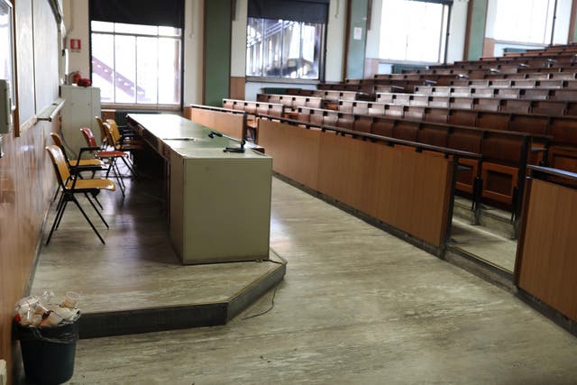 An empty lecture hall of La Sapienza University in Rome