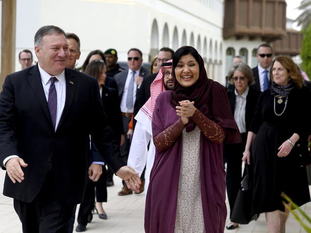 The Saudi ambassador to the US, Princess Reema bint Bandar Al Saud, with the American secretary of state Mike Pompeo