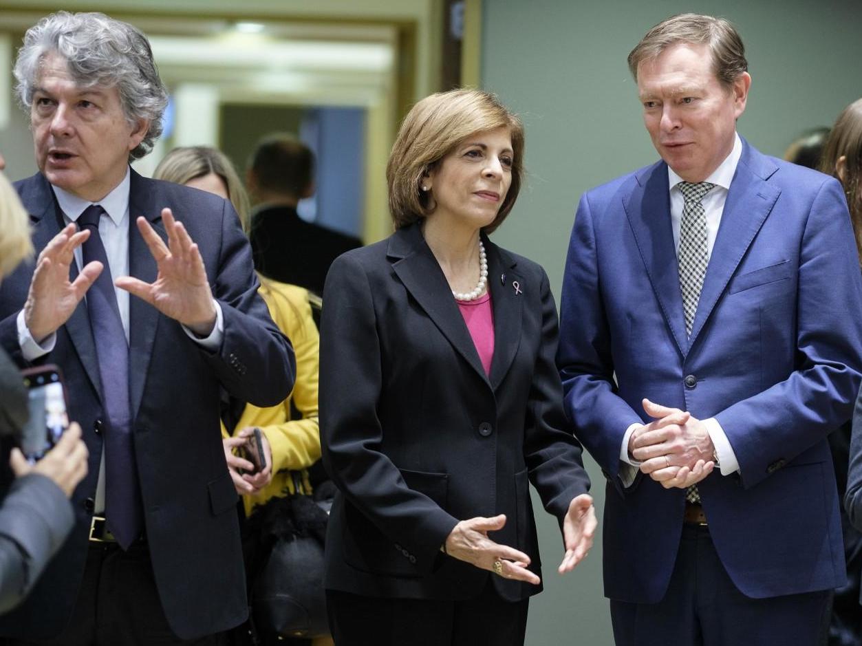 EU Commissioner for Internal Market Thierry Breton (L), the EU Commissioner for Health Stella Kyriakidou (C) and the Netherlands Minister for Medical Care Bruno Johannes Bruins (R) attend an EU health Minister meeting at the Europa, the European Council headquarters in Brussels on 6 March 2020