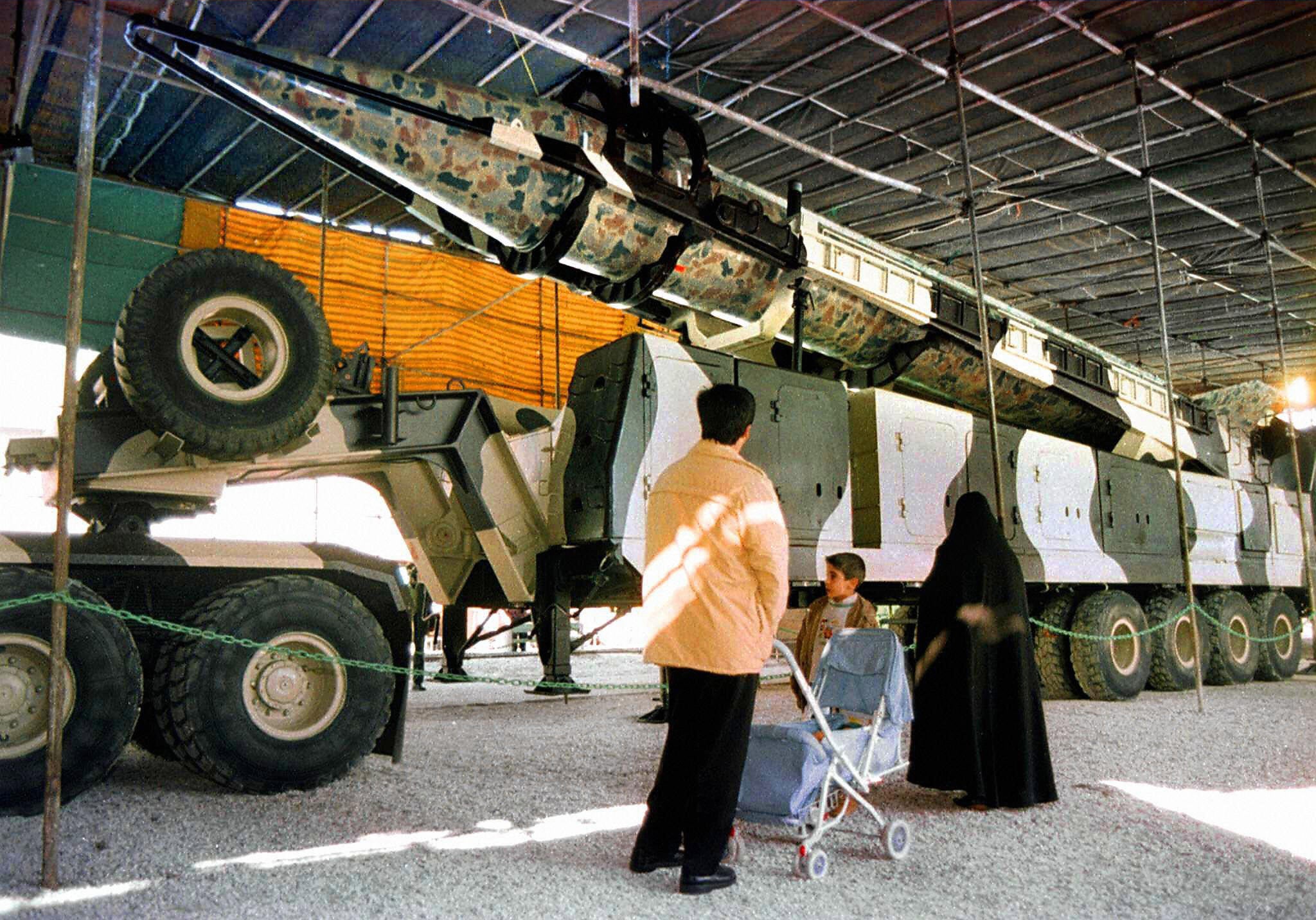 A Shahab-3 missile displayed at a weapons exhibition at Tehran’s main fairground