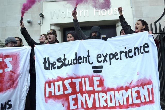 Student activists from the Undoing Borders movement protest outside a Universities UK conference, calling for an end to the hostile environment on campus, on 27 February 2020.
