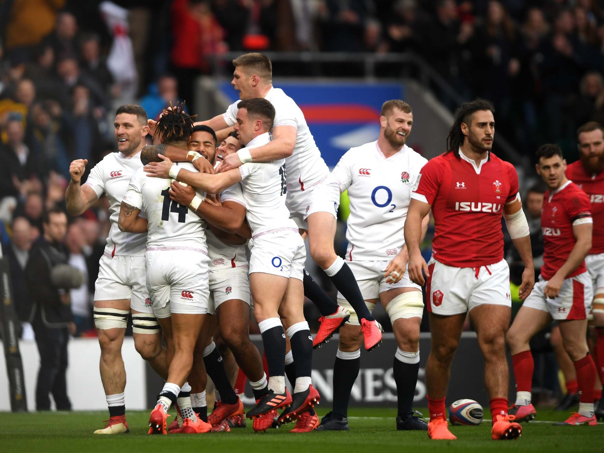 England celebrate Watson's try