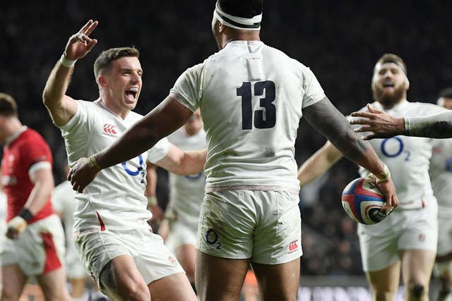 Tuilago celebrates with Ford after scoring England's third try