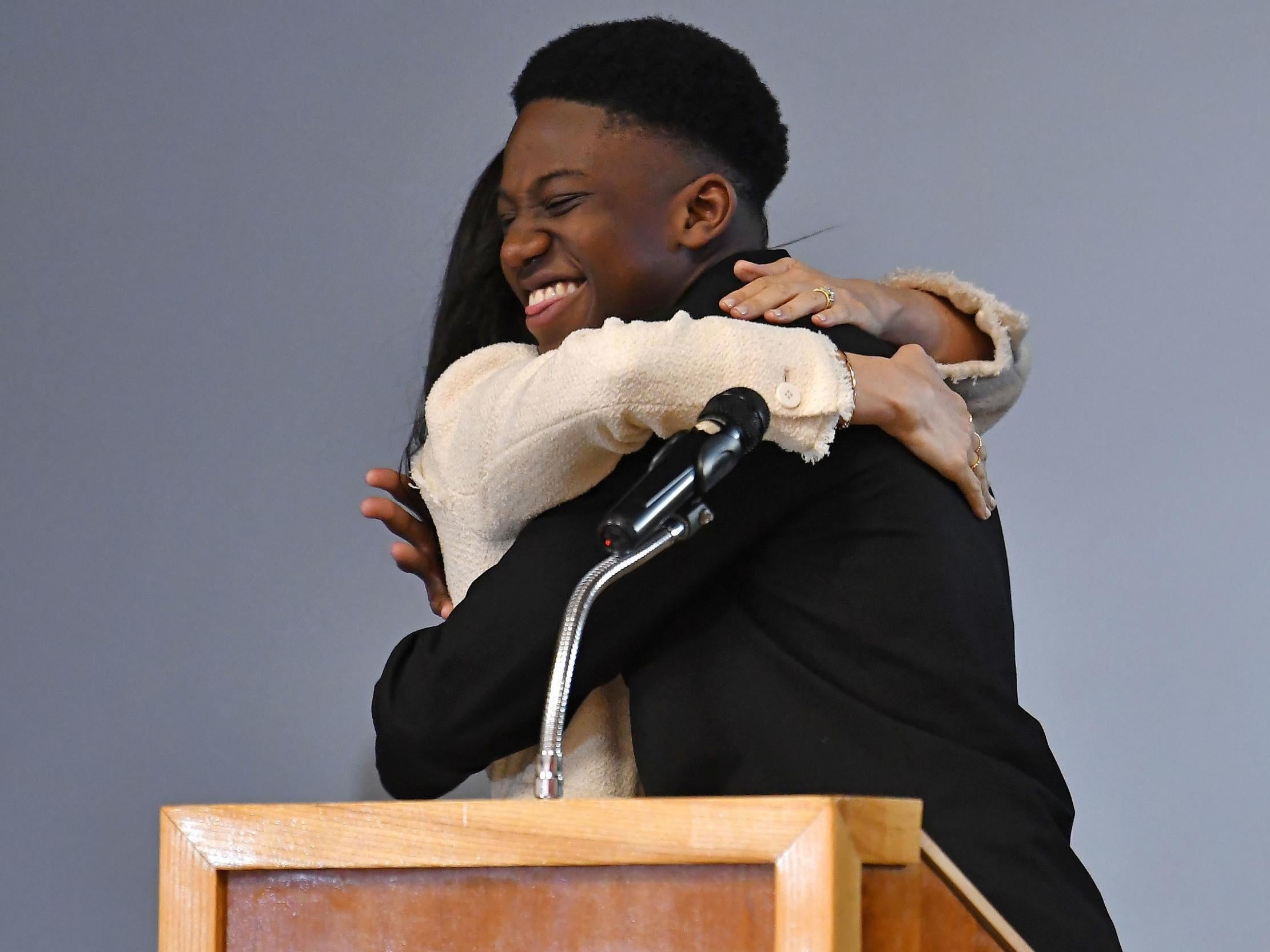 Aker Okoye greeted the duchess with a kiss on the cheek and told the audience that she was ‘beautiful’ (PA)