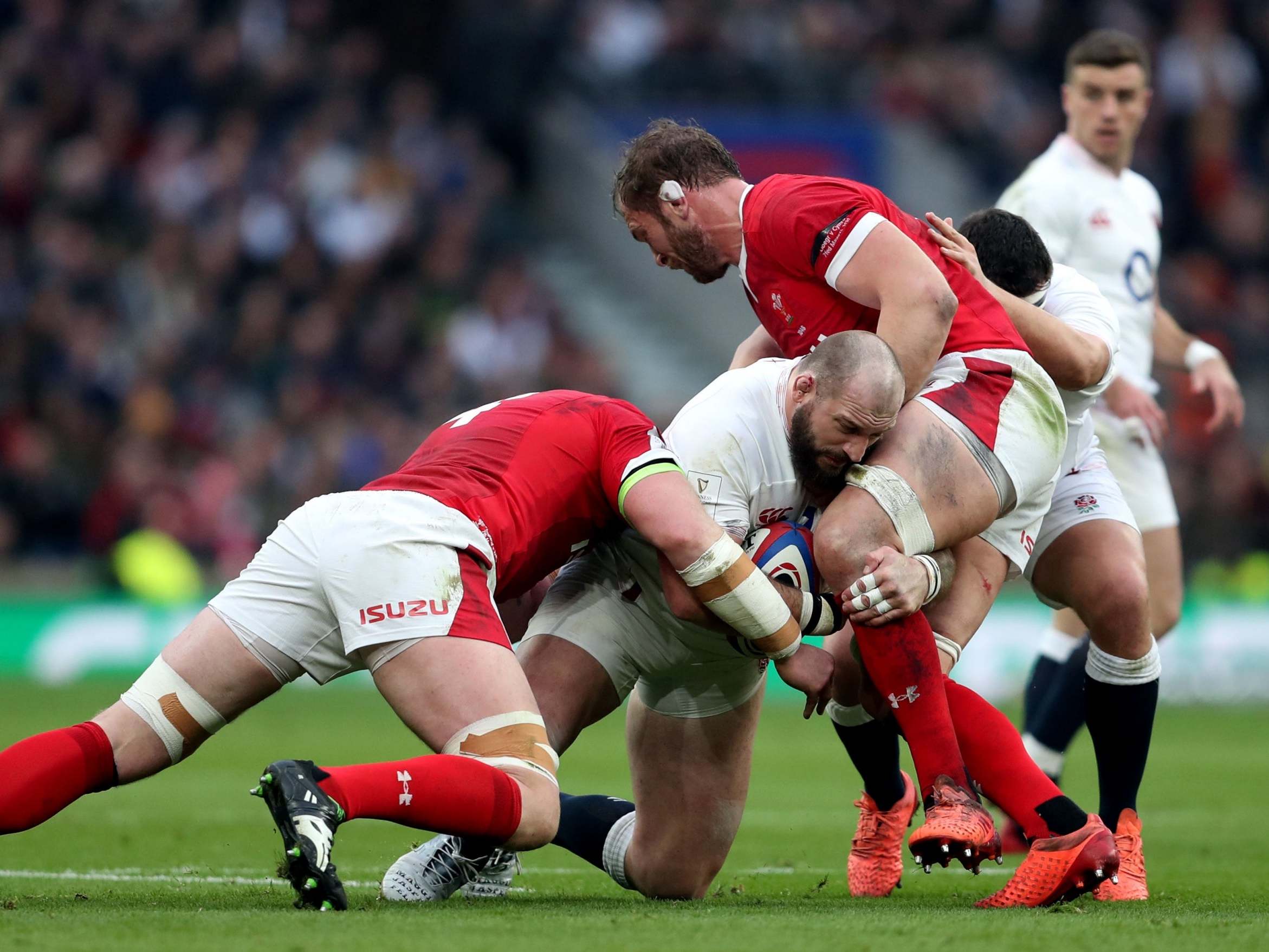 Joe Marler (centre) has been cited for grabbing Alun Wyn Jones (right) by the genitals