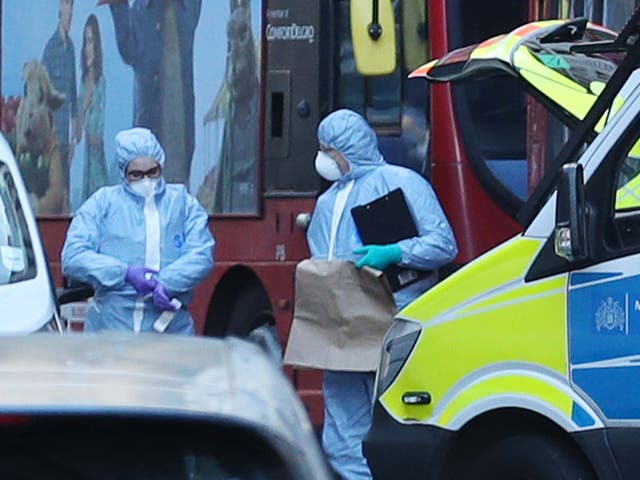Police activity in Great Scotland Yard, London, on 9 March close to where a man was shot dead by police after brandishing two knives at officers