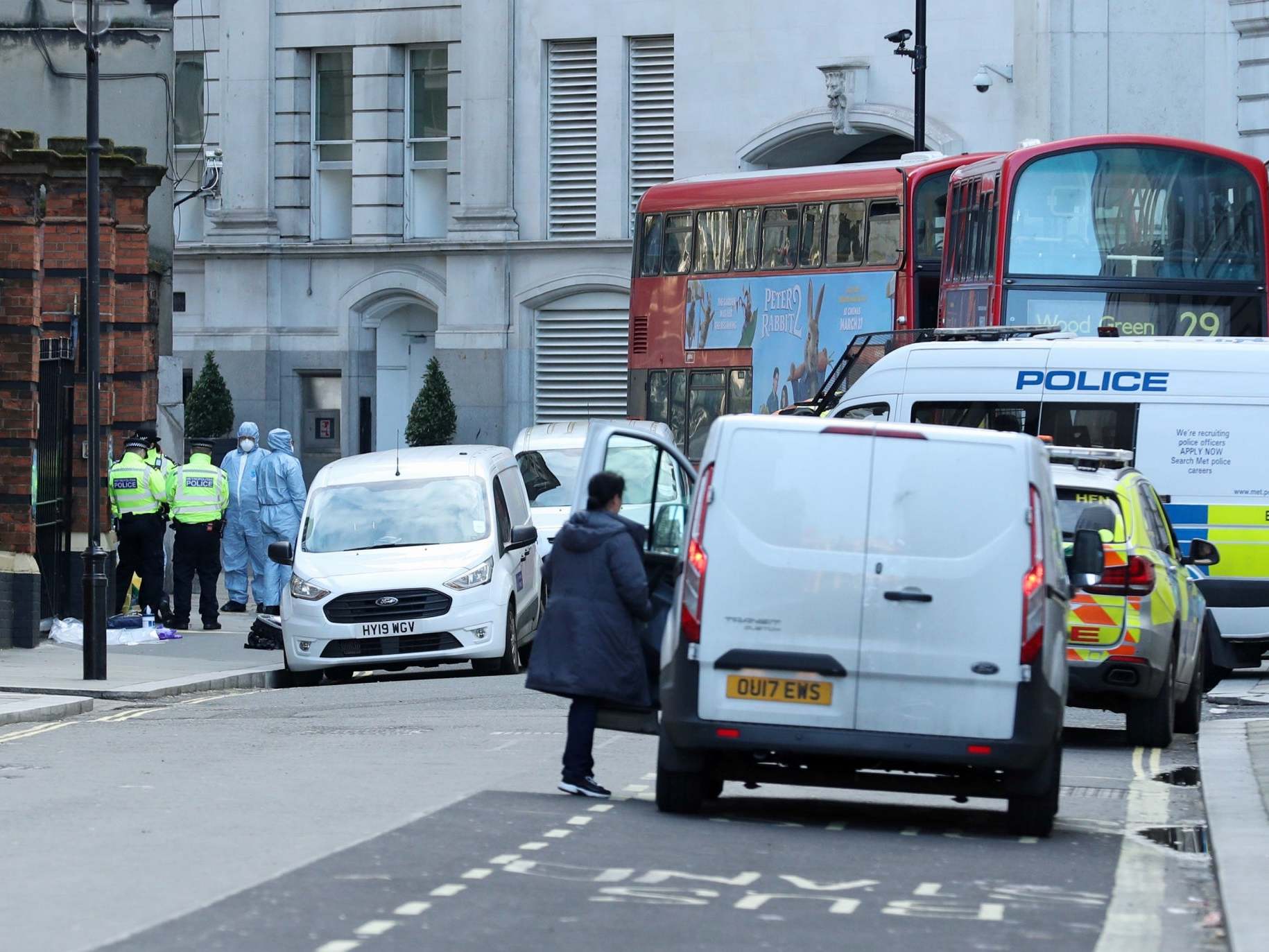 Police activity in Great Scotland Yard, London, on 9 March close to where a man was shot dead by police after brandishing two knives at officers