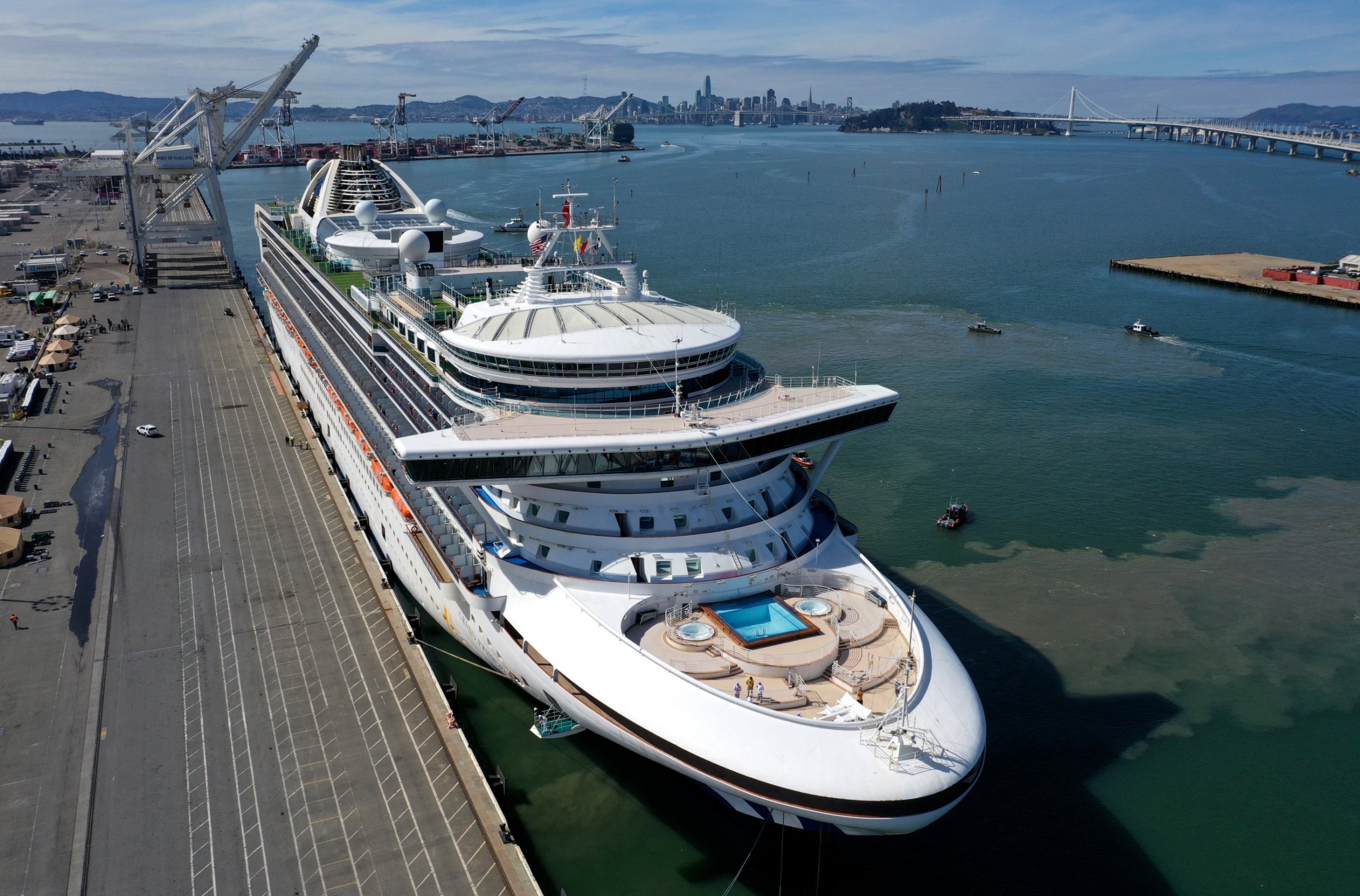 The Grand Princess cruise ship sits docked in Oakland, California after being anchored off San Francisco for several days during the coronavirus crisis