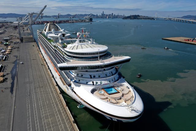 The Grand Princess cruise ship sits docked in Oakland, California after being anchored off San Francisco for several days during the coronavirus crisis