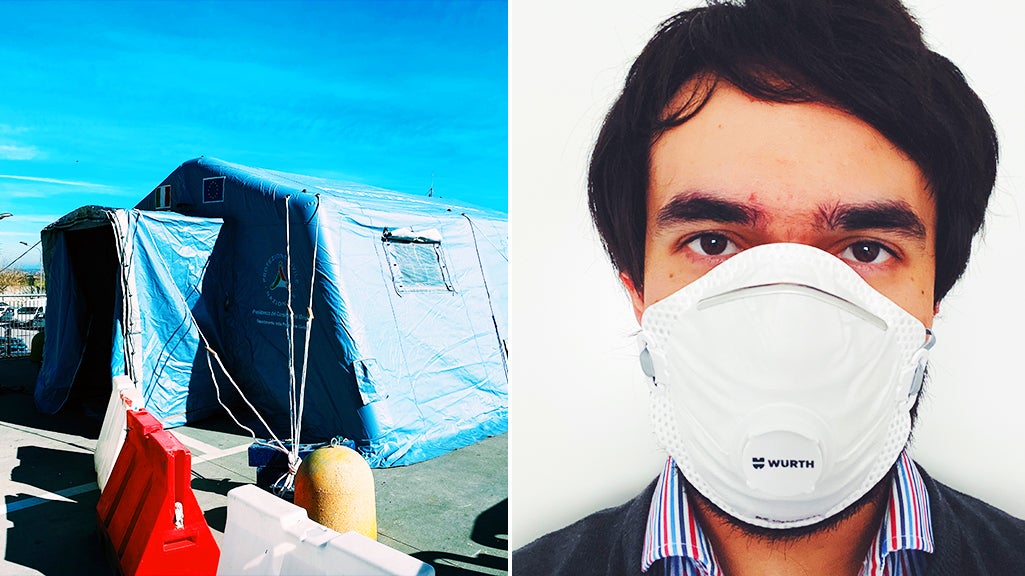 L-R: Emergency tent in northern Italy, Gianluca Avagnina wearing a protective mask