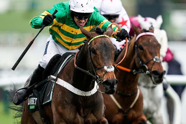 Barry Geraghty riding Epatante (green/gold) clear the last to win The Champion Hurdle Challenge Trophy