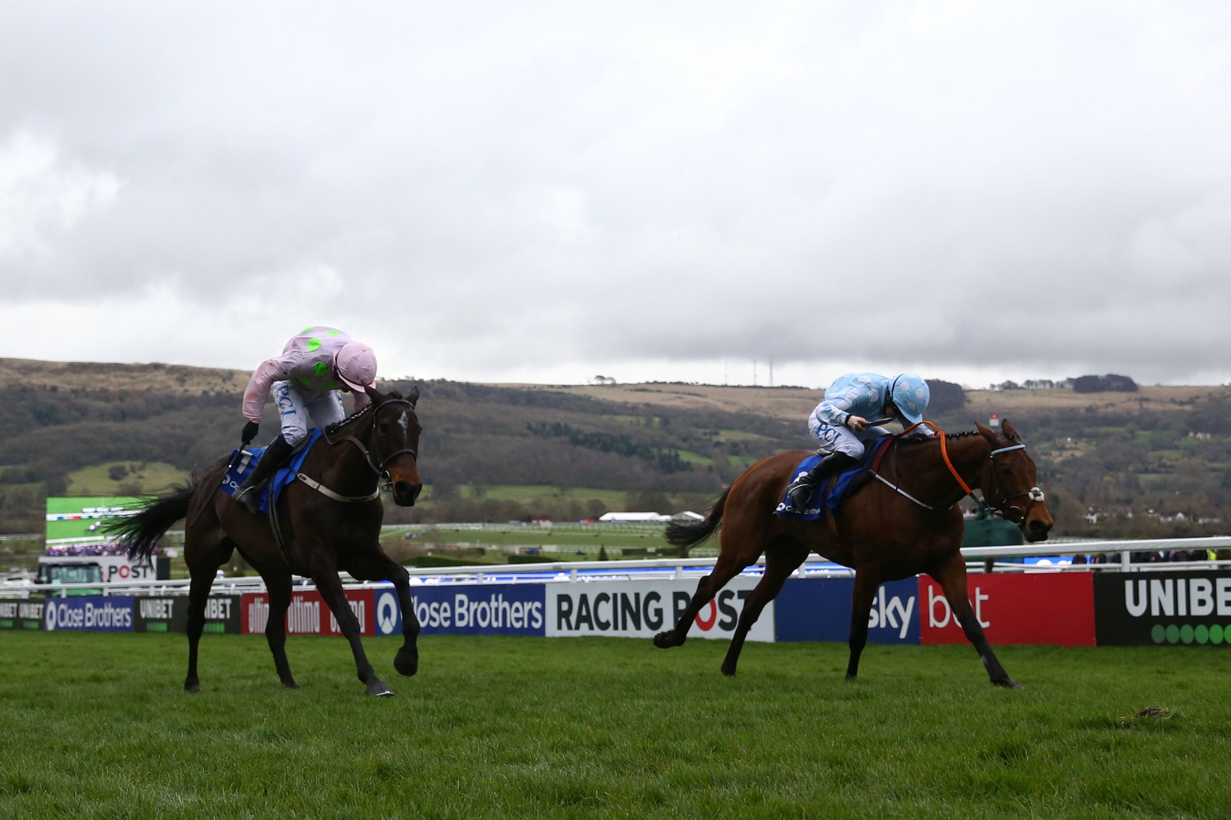 Honeysuckle (right) took victory ahead of Benie Des Dieux in the Mares' Hurdle (Getty)