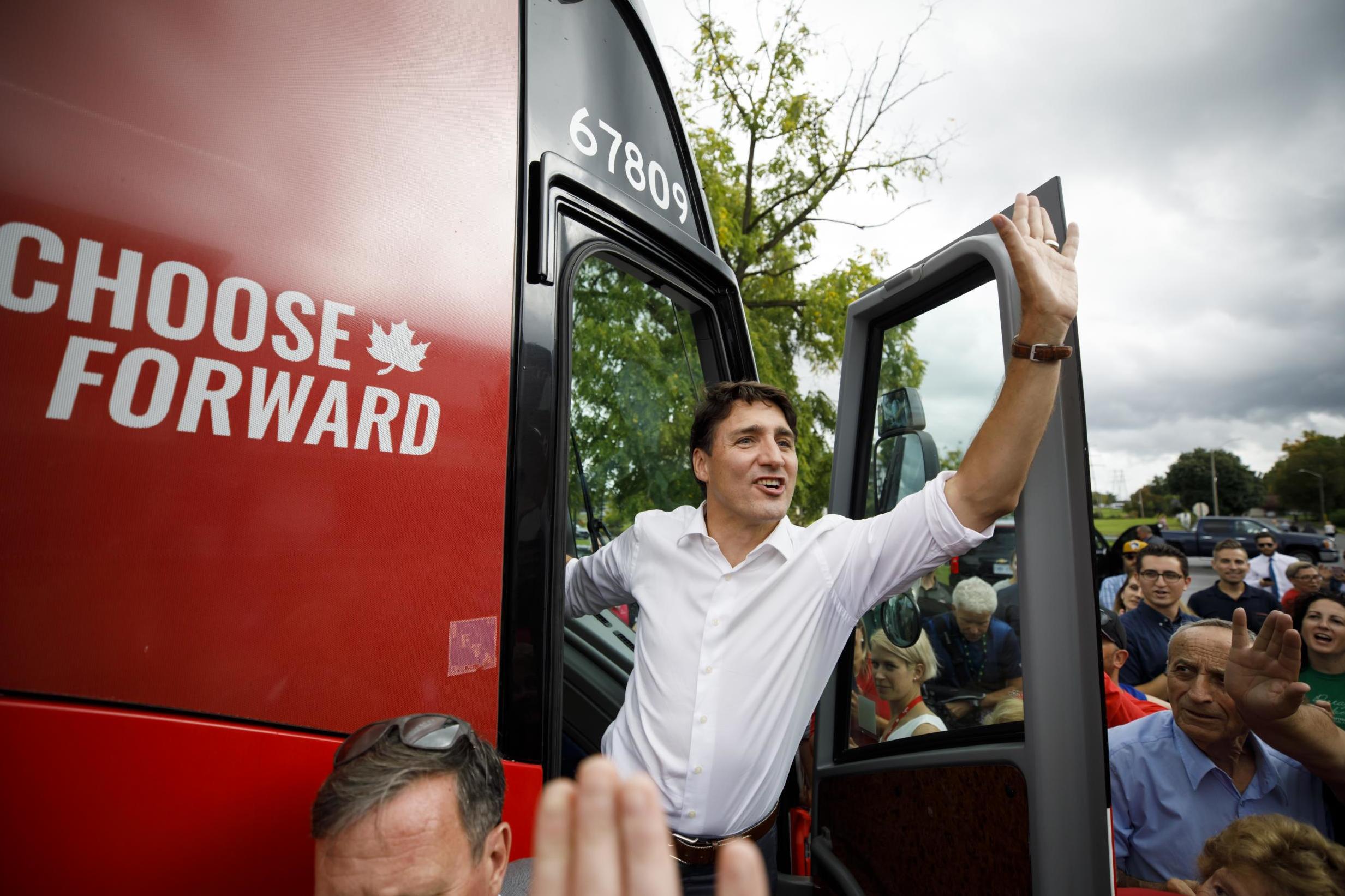 Trudeau on the re-election campaign trail last year