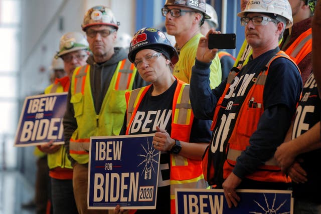 White assembly plant workers in Detroit show up for a Joe Biden campaign stop.