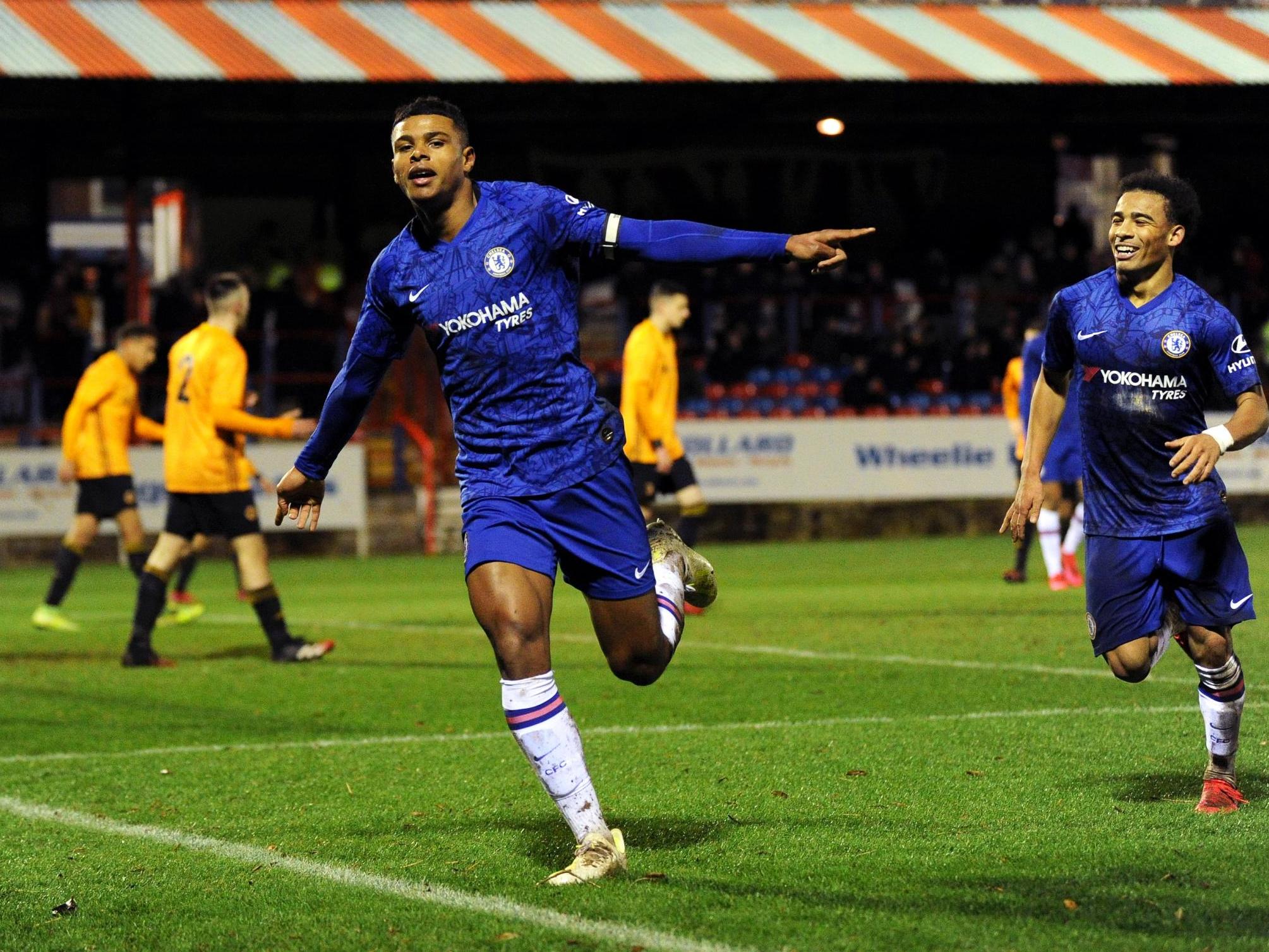 Tino Anjorin celebrates after scoring against Wolves in the FA Youth Cup