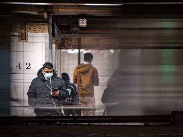 A man wears a face mask at Grand Central Station in New York
