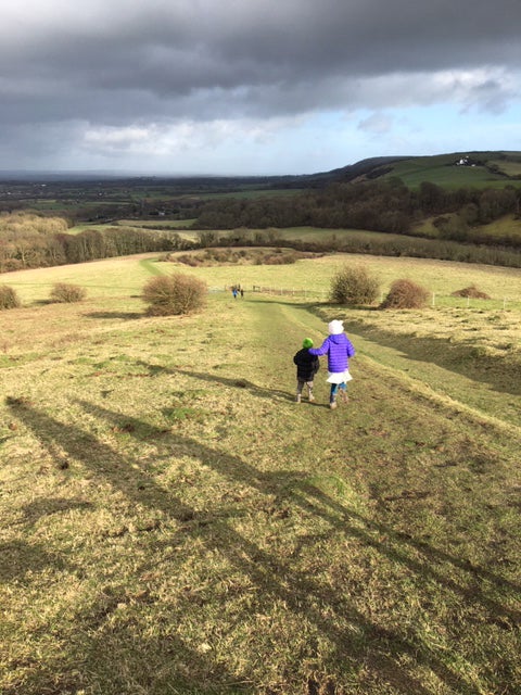 The children descend Wolstonbury Hill