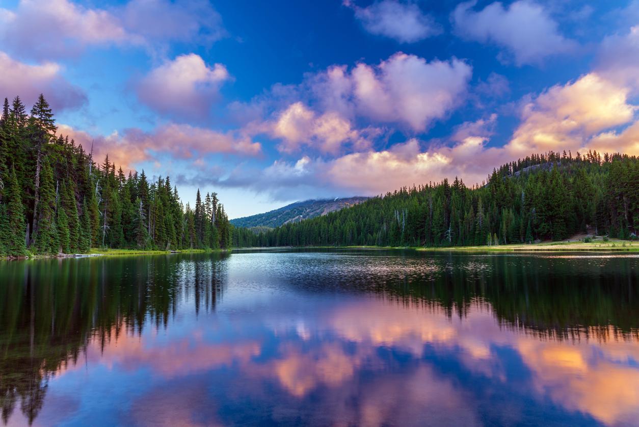 Mount Bachelor, seen from the calm waters of Todd Lake in Bend