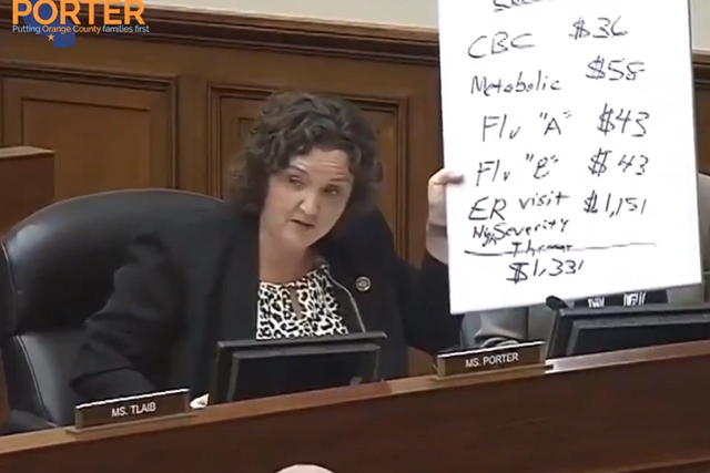 Democrat Katie Porter questions the director of the US Centers for Disease Control and Prevention until he commits to free coronavirus testing for Americans, 12 March 2020.