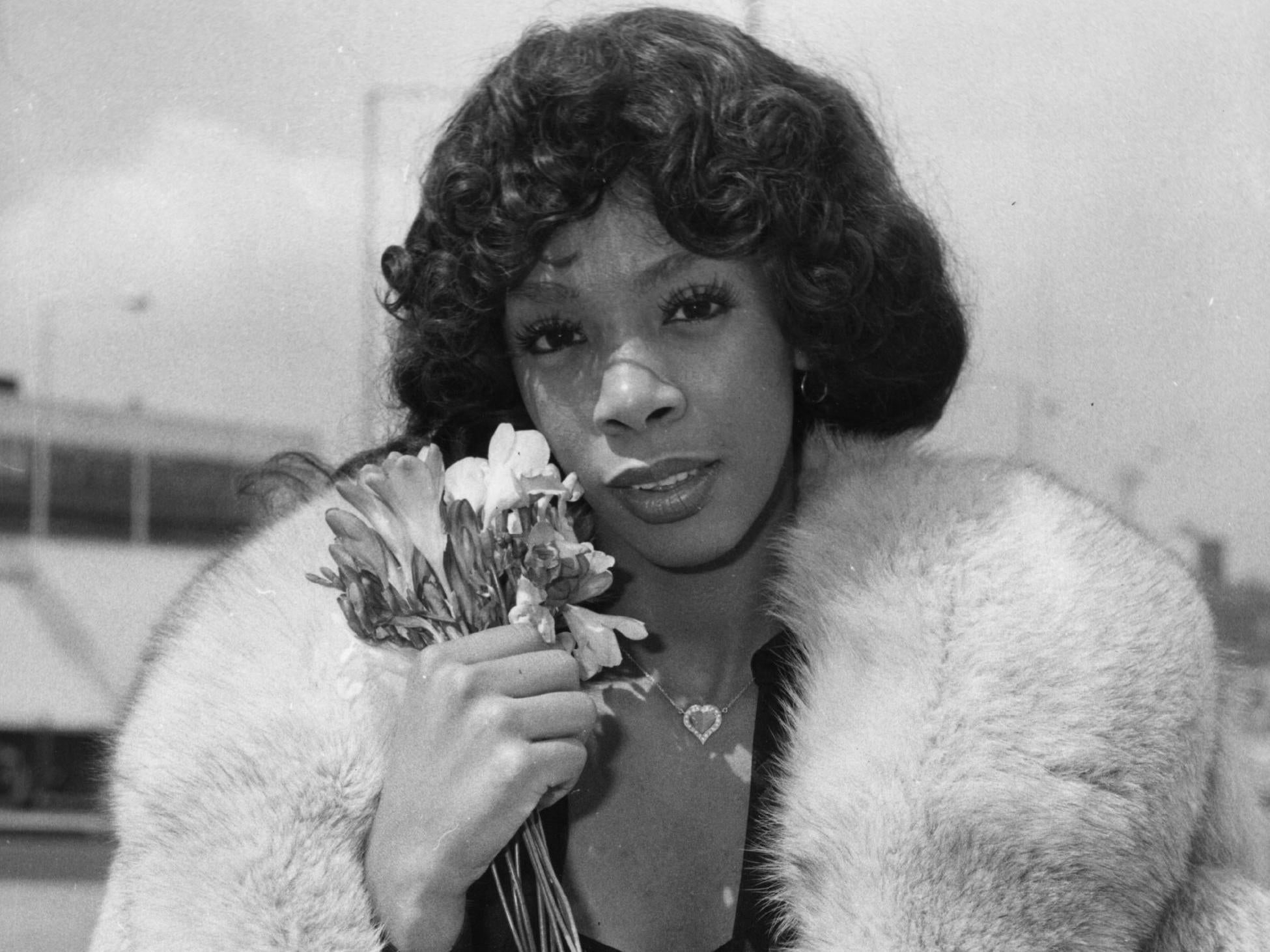 Donna Summer photographed at Heathrow, London, in 1976