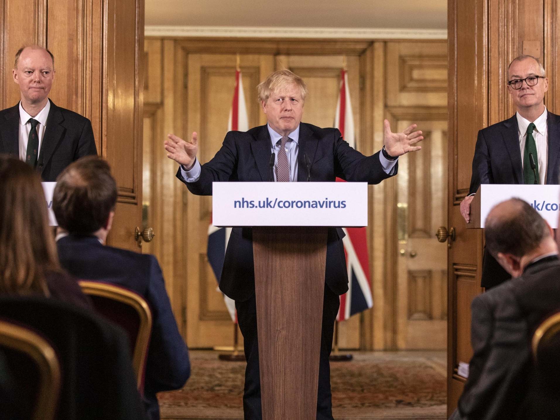 Boris Johnson, flanked by chief medical officer Chris Whitty and chief scientific adviser Sir Patrick Vallance