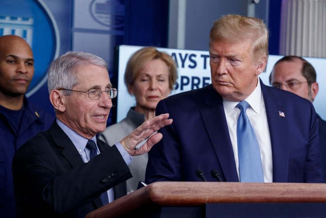 Director of the National Institute of Allergy and Infectious Diseases Dr Anthony Fauci, with US president Donald Trump and members of the Coronavirus Task Force, responds to a question at the White House on 16 March 2020