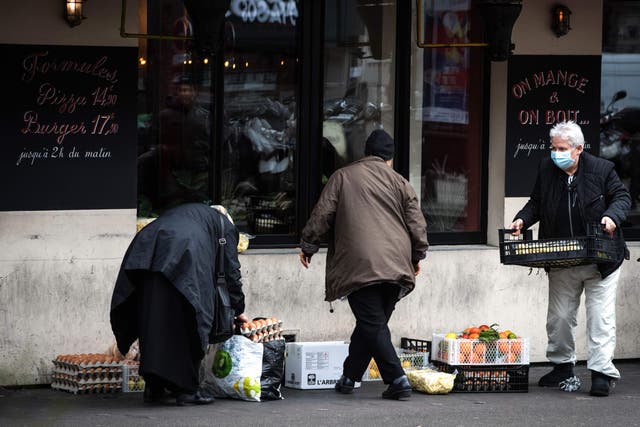 Food is left outside a restaurant as Paris enters lockdown