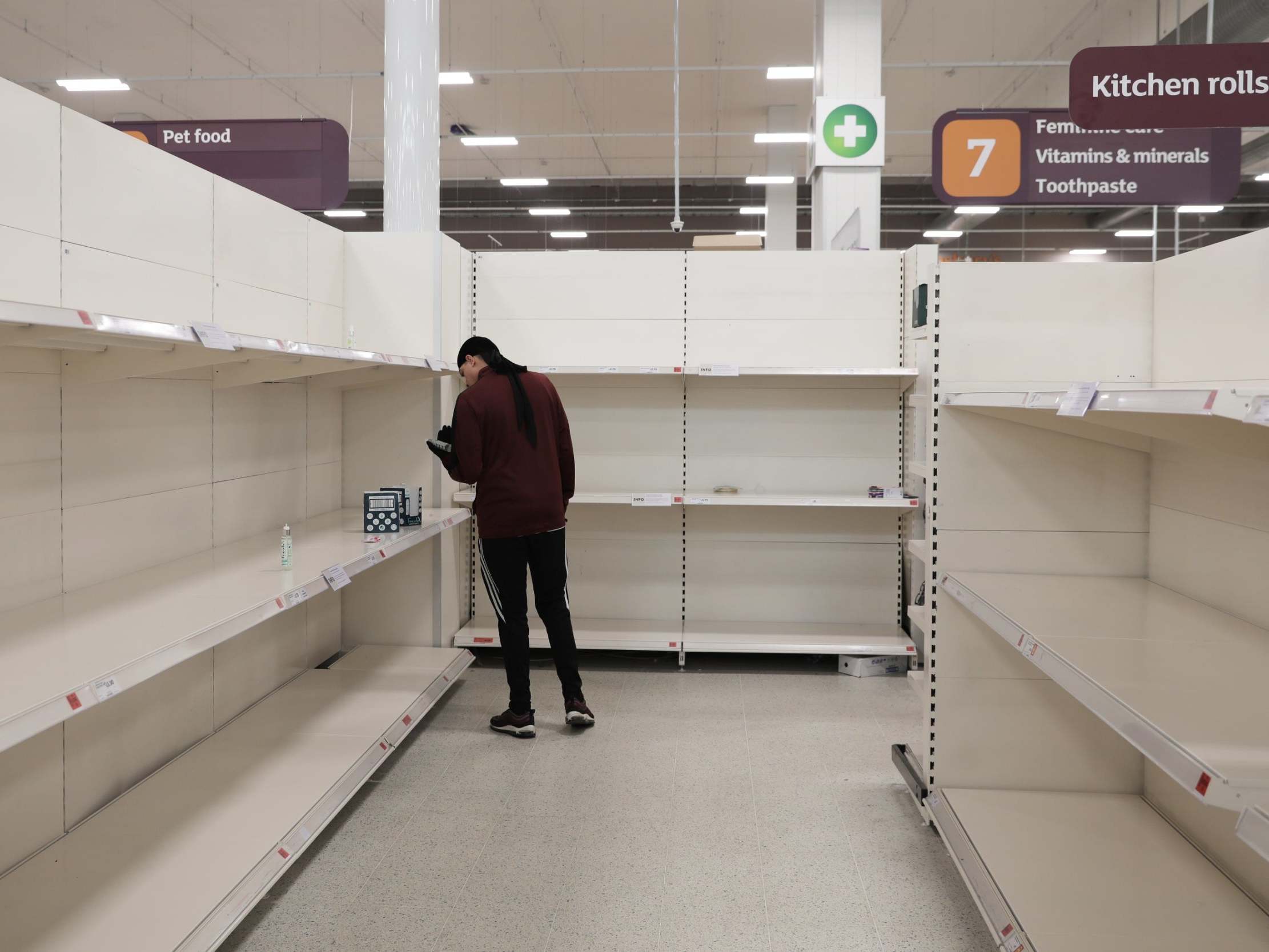 Empty shelves confront shoppers at the Nine Elms branch of Sainsbury's supermarket on 18 March 2020 in London, UK.