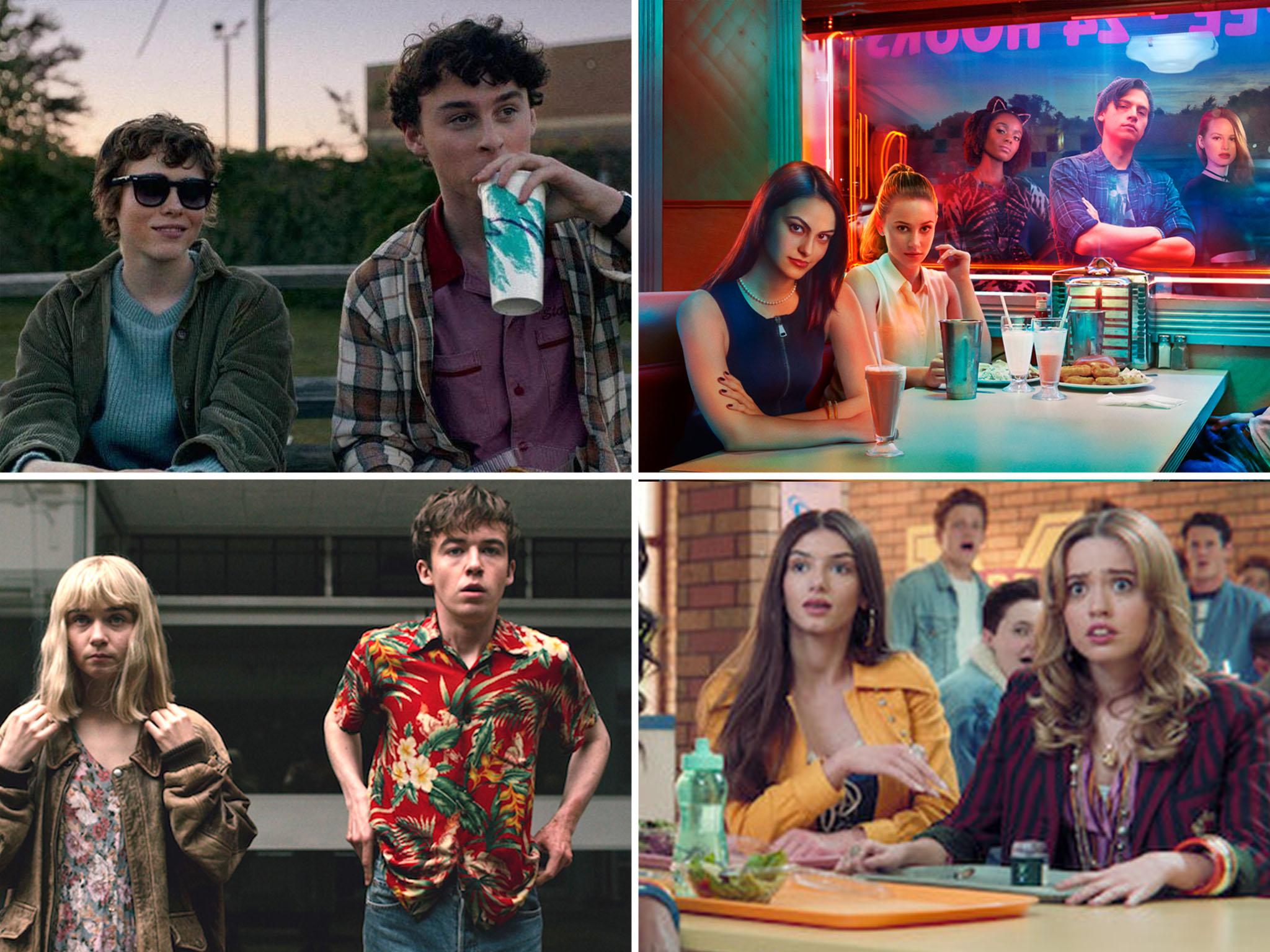 From top left clockwise: ‘I Am Not Okay with This’, ‘Riverdale’, ‘Sex Education’ and ‘The End of the F***ing World’
