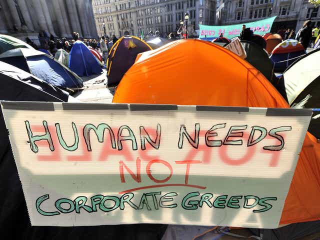 Demonstrators at a protest camp against global capitalism in London's financial district after the banking crisis in 2011